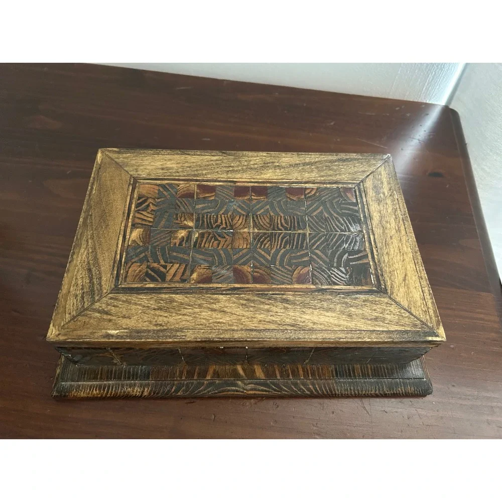 Vintage Wooden Jewelry Box Mirror Black Velvet Lining Handcrafted